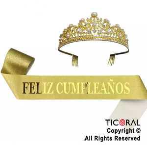 SET VINCHA Y BANDA FELIZ CUMPLEA�OS PERLAS Y STRASS ORO (10548E) X 1